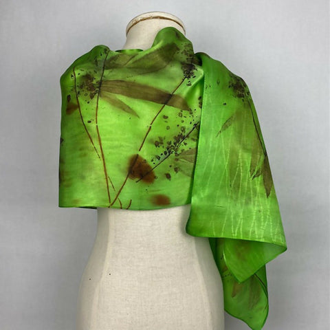 Bright Green Eco Printed Silk Satin Scarf