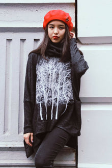  Fairytale Tree Oversized Turtleneck Fleecy Sweater - Charcoal - avalove