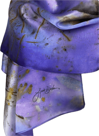 Luxurious Purple Eco Printed and Hand Dyed Silk Satin Scarf