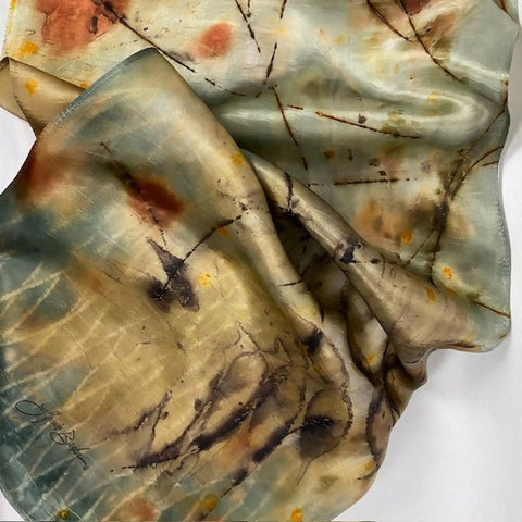 Earthy Eco Printed and Hand Dyed Silk Scarf