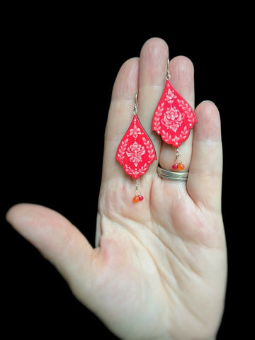 Hot Pink Damask Earrings w/ Glass