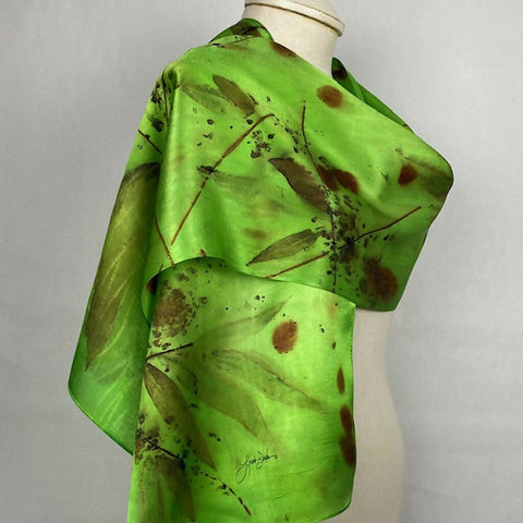 Bright Green Eco Printed Silk Satin Scarf