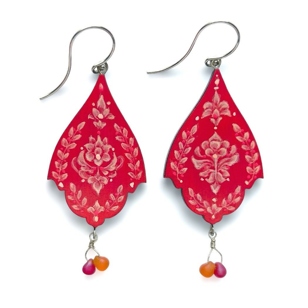 Hot Pink Damask Earrings w/ Glass