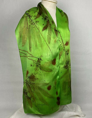 Bright Green Eco Printed Silk Satin Scarf