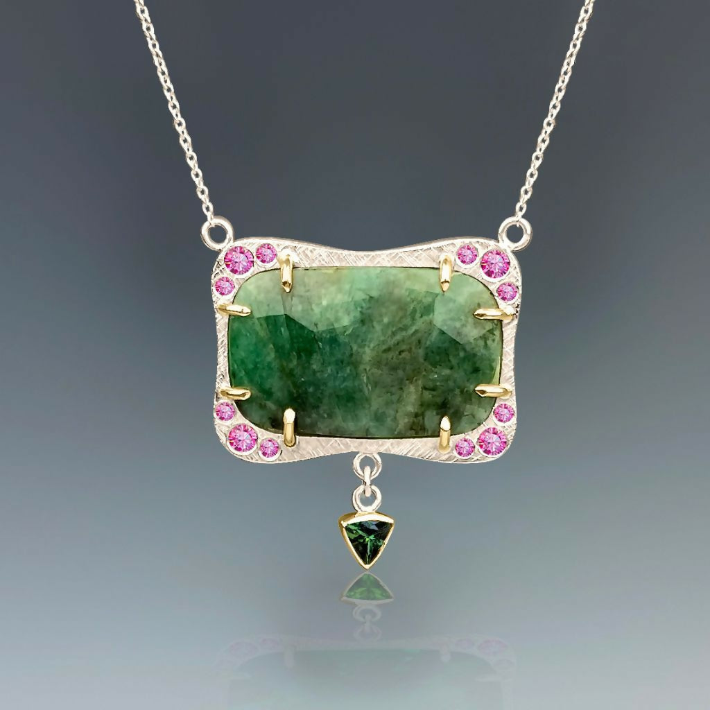 Emerald, Pink Sapphire and Green Tourmaline Golden Rectangle Necklace