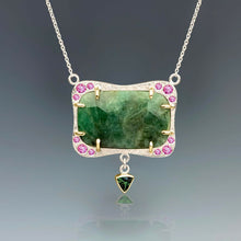  Emerald, Pink Sapphire and Green Tourmaline Golden Rectangle Necklace