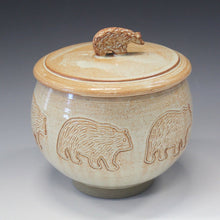  Hand Carved Bear Motif Wheel Thrown Jar - Peggy Quinn Clay Studio