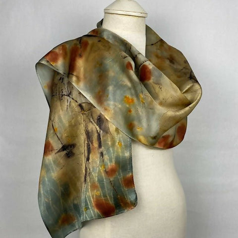 Earthy Eco Printed and Hand Dyed Silk Scarf