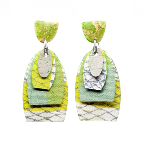 Printmaker's Oval Earrings - Multi green