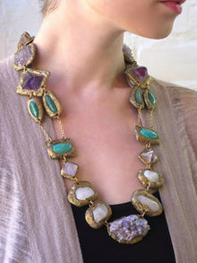  Multi-Minerals Statement Necklace with Amethyst, Rose Quartz, Fluorite, Amazonite and Aventurine