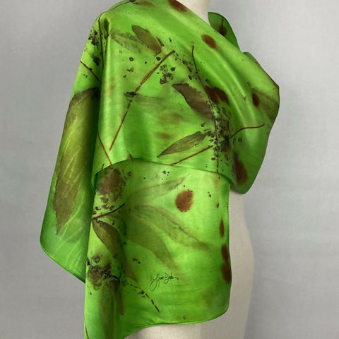 Bright Green Eco Printed Silk Satin Scarf