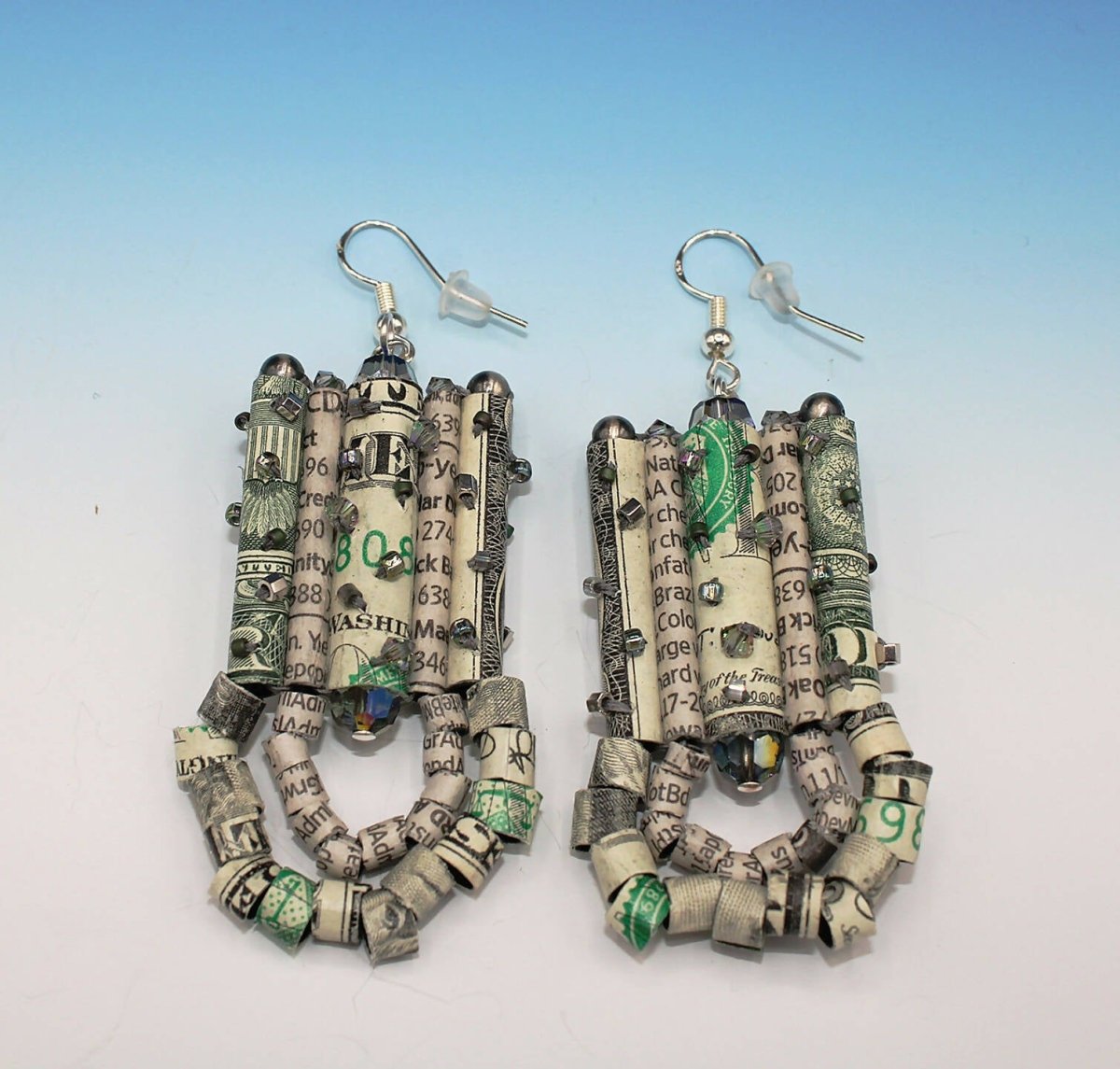 Recycled Dollar Bill and Newspaper Stock Listing Pendant Earrings