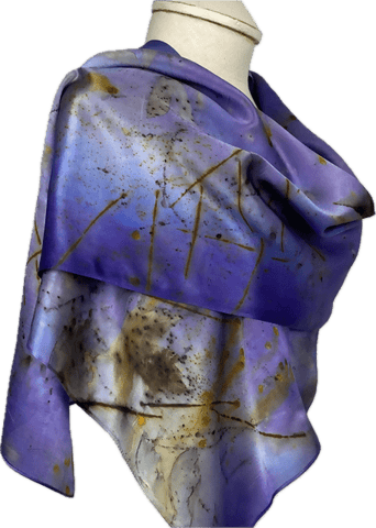 Luxurious Purple Eco Printed and Hand Dyed Silk Satin Scarf