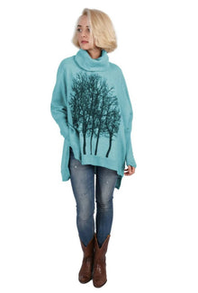  Fairytale Tree Oversized Turtleneck Fleecy Sweater - Sky Blue - avalove