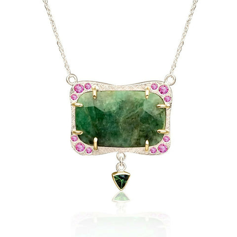 Emerald, Pink Sapphire and Green Tourmaline Golden Rectangle Necklace