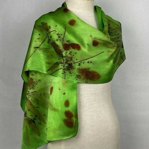 Bright Green Eco Printed Silk Satin Scarf