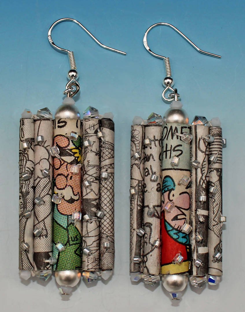 Recycled Newspaper Comic Strip Dangling Earrings