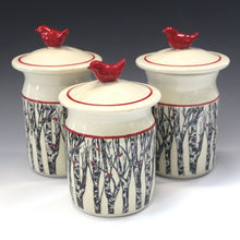  Red Bird Wheel Thrown Jar with Birch Forest and Red Birds - Peggy Quinn Clay Studio