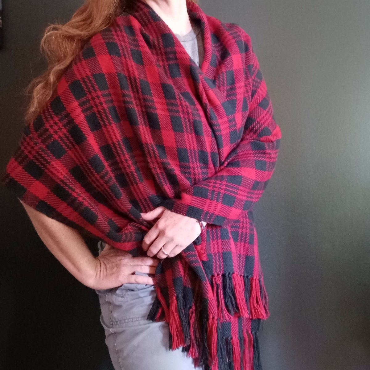 Red and Black Plaid, Handwoven Shawl