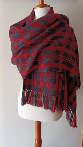 Red and Black Plaid, Handwoven Shawl