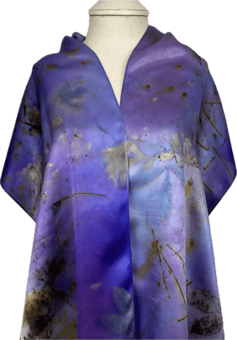 Luxurious Purple Eco Printed and Hand Dyed Silk Satin Scarf