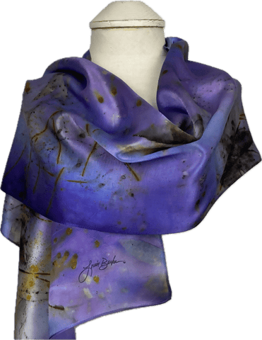 Luxurious Purple Eco Printed and Hand Dyed Silk Satin Scarf