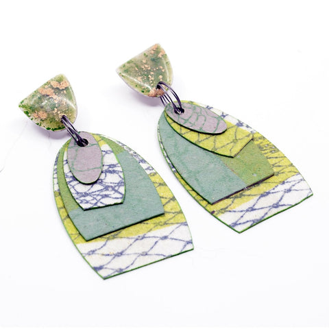 Printmaker's Oval Earrings - Multi green