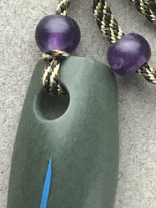  "Dark Sage Carapace with Blue" Necklace with hand carved jade pendant and hand braided silk - Taking Form Jade Studio