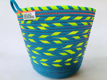  Handmade hand - dyed turquoise rope basket with green ribbon, XL - Melko Designs