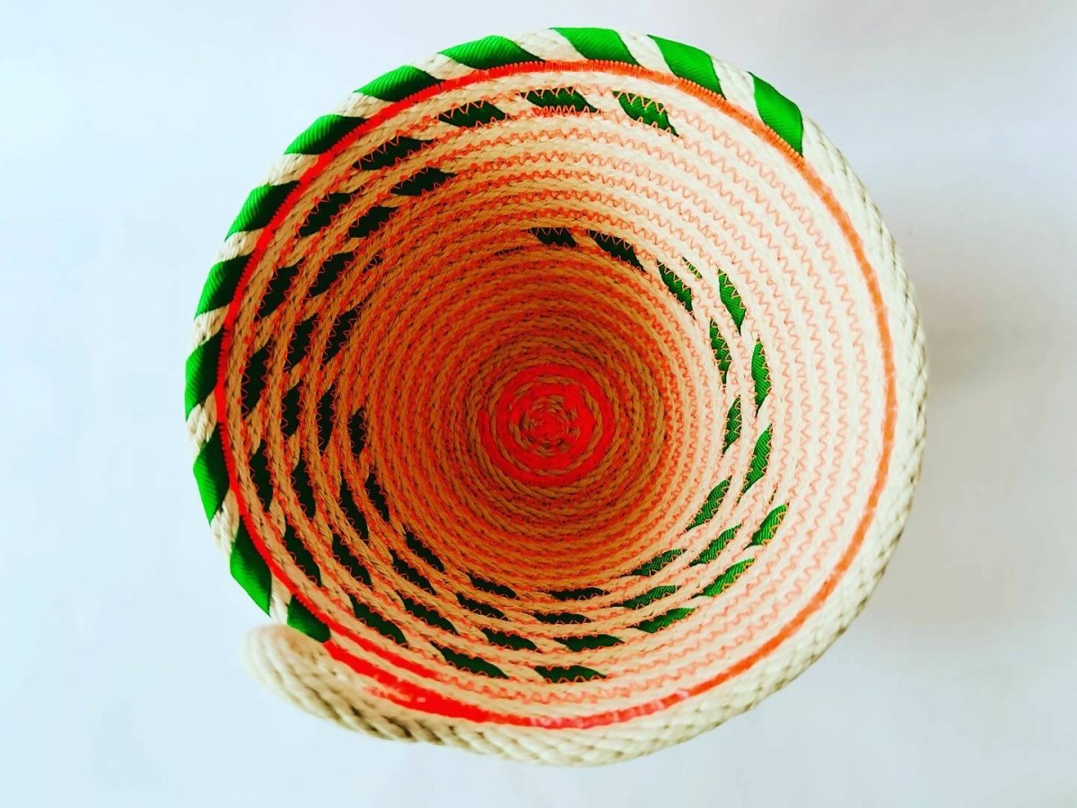 Handmade rope basket: green stripes