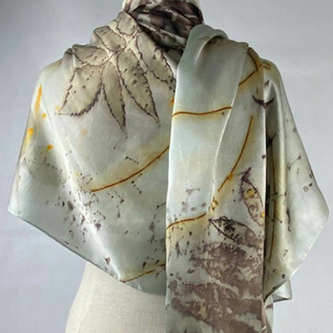 Eco Printed Hand Dyed Gray/Green Silk Satin Shawl/Scarf