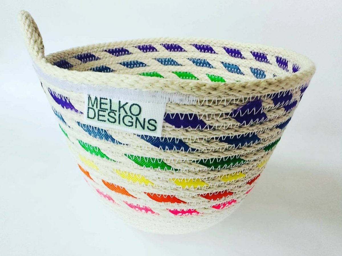 Handmade rope basket: rainbow stripes