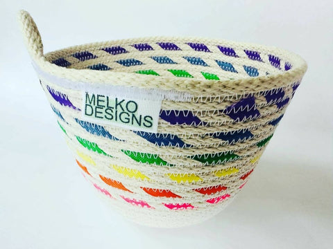 Handmade rope basket: rainbow stripes