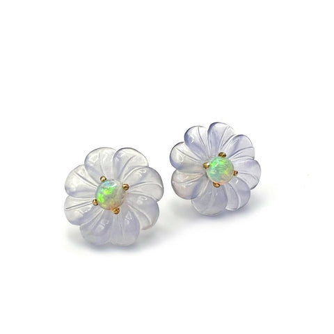 Flower Studs in Chalcedony and Opal | 14k Yellow Gold