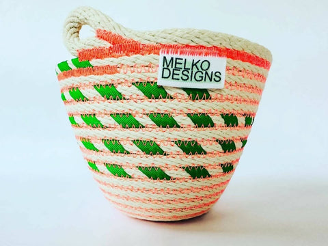 Handmade rope basket: green stripes