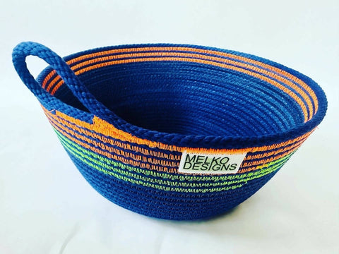 Handmade/hand dyed rope basket: Indigo with green and orange thread