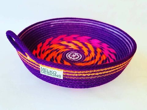 Handmade/hand dyed rope basket: purple with orange and pink