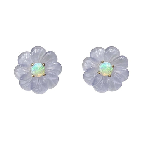 Flower Studs in Chalcedony and Opal | 14k Yellow Gold