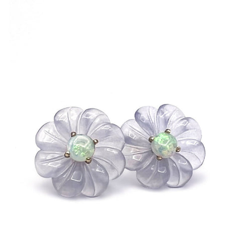 Flower Studs in Chalcedony and Opal | 14k Yellow Gold