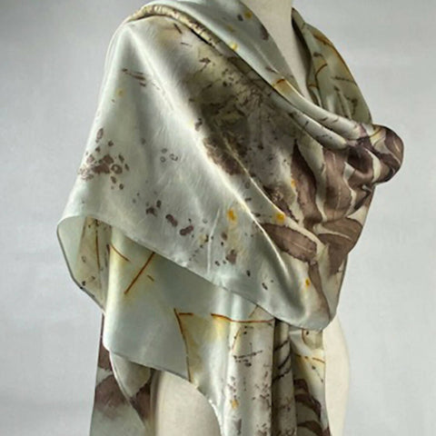 Eco Printed Hand Dyed Gray/Green Silk Satin Shawl/Scarf