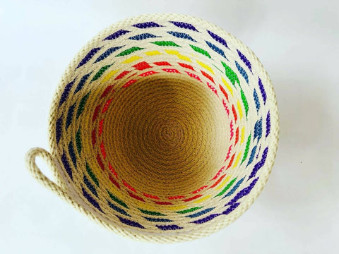 Handmade rope basket: rainbow stripes