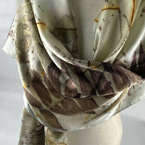 Eco Printed Hand Dyed Gray/Green Silk Satin Shawl/Scarf