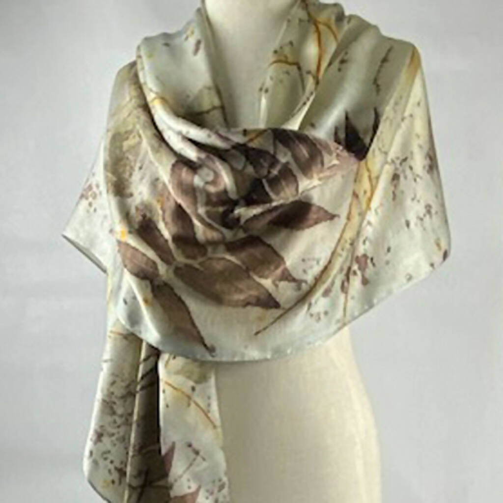 Eco Printed Hand Dyed Gray/Green Silk Satin Shawl/Scarf