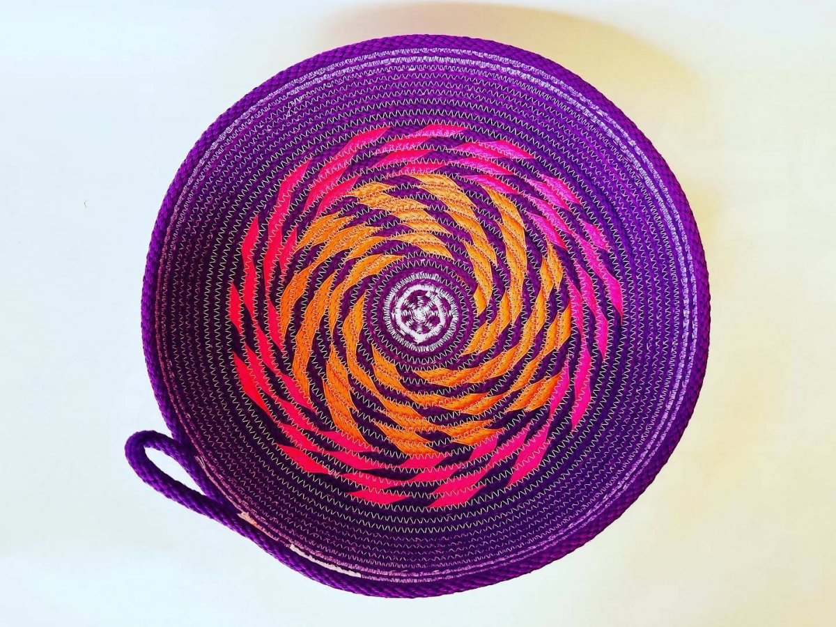 Handmade/hand dyed rope basket: purple with orange and pink