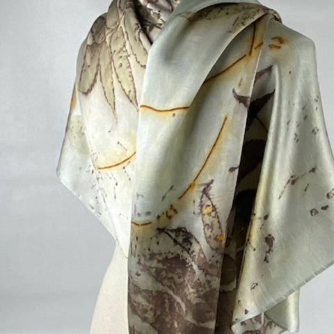 Eco Printed Hand Dyed Gray/Green Silk Satin Shawl/Scarf