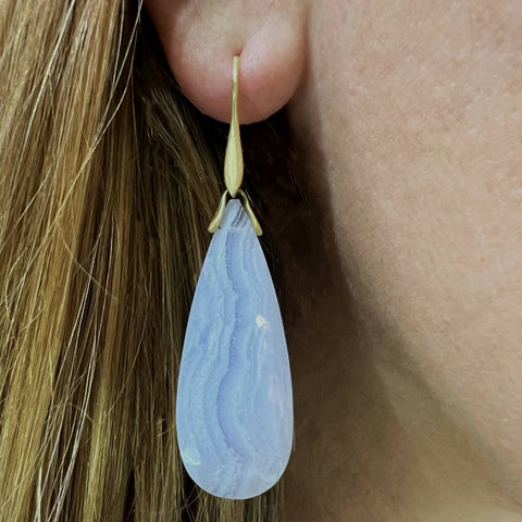 Blue Lace Agate Trapeze Earrings in 18k