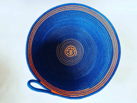 Handmade/hand dyed rope basket: Indigo with green and orange thread