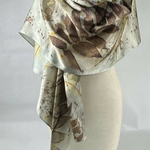 Eco Printed Hand Dyed Gray/Green Silk Satin Shawl/Scarf