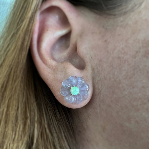 Flower Studs in Chalcedony and Opal | 14k Yellow Gold