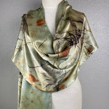  Eco Printed Lt Green Sumac Silk Satin Shawl - Louise Barker Designs